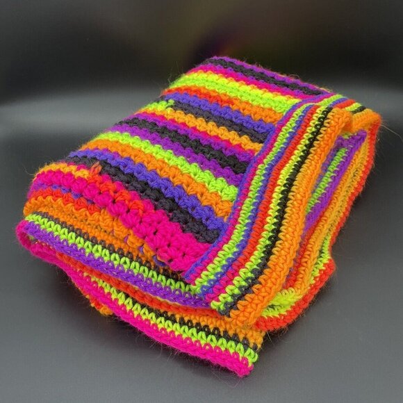 Afghan Crocheted Blanket Throw Halloween Stripe Orange Black Purple Handmade - Picture 1 of 7